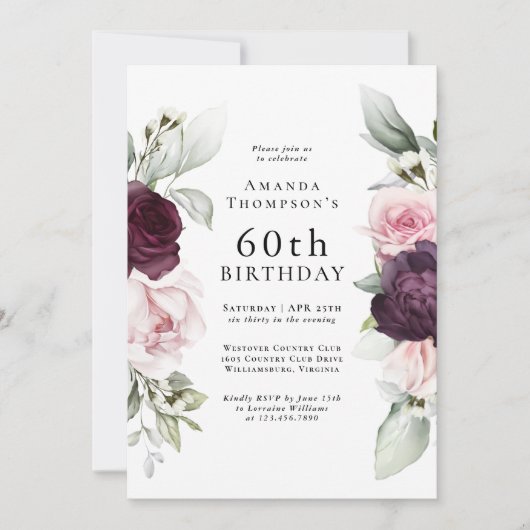 ブルゴーニュとピンクエレガントフローラ60誕生日 招待状 (正面)