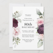 ブルゴーニュとピンクエレガントフローラ80誕生日 招待状 (正面)