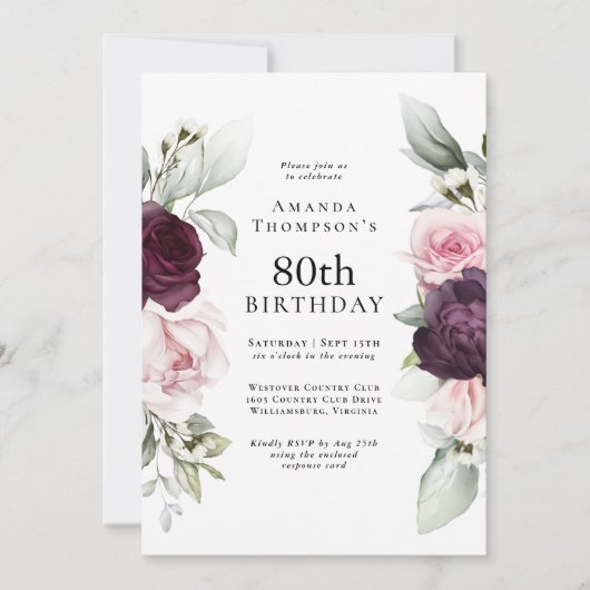 ブルゴーニュとピンクエレガントフローラ80誕生日 招待状 (正面)