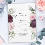 ブルゴーニュとピンクフローラ60誕生日 招待状<br><div class="desc">美し祝い水の色のバラの植物誕生日パーティーの招待と特別なマイルストーンの誕生日文字の両側にフローラを縁ど含む。色は赤面淡い色のピンク、深いのバーガンディーな赤とプラムを含むエザーリーの緑と小さな白アクセントの花と混合。情報を使用して文字テンプレートをカスタマイズする。年齢を任意の年齢の誕生日に編集できる。</div>