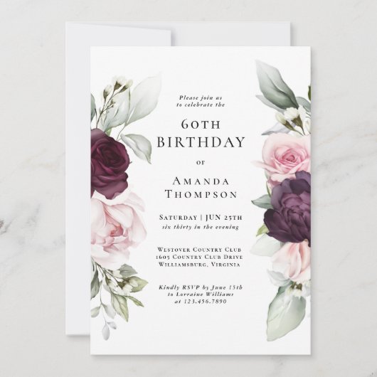 ブルゴーニュとピンクフローラ60誕生日 招待状 (正面)