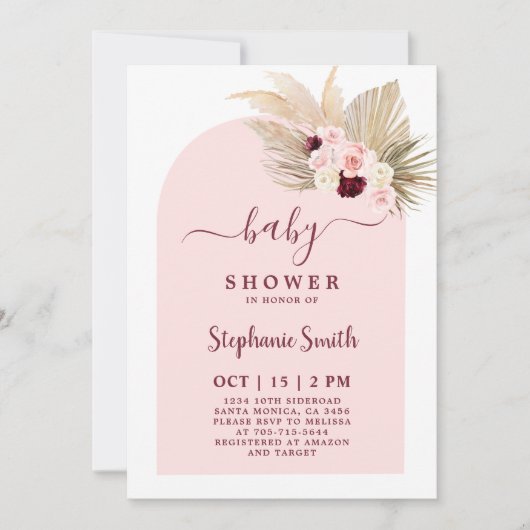 ブルゴーニュとピンクボホベイビーシャワーガール招待状 招待状 (正面)