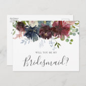 ブルゴーニュとブルーのフローラが私の花嫁になる インビテーションポストカード (正面/裏面)