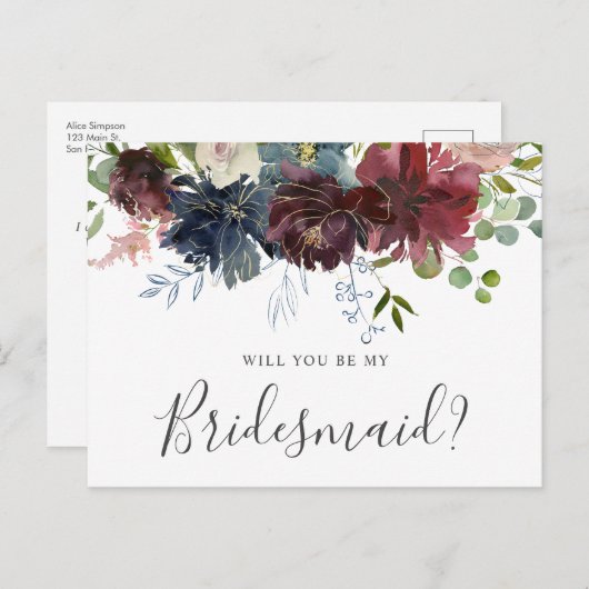 ブルゴーニュとブルーのフローラが私の花嫁になる インビテーションポストカード (正面/裏面)