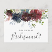 ブルゴーニュとブルーのフローラが私の花嫁になる インビテーションポストカード (正面)