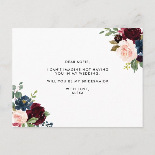 ブルゴーニュとブルーのフローラガーランド私の花嫁になる インビテーションポストカード (裏面)