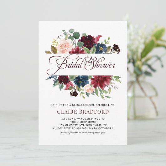 ブルゴーニュとブルーのフローラフレーム秋ブライダルシャワー 招待状 (スタンド正面)