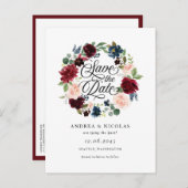 ブルゴーニュとブルーのフローラリース日付を保存 案内ポストカード (正面/裏面)