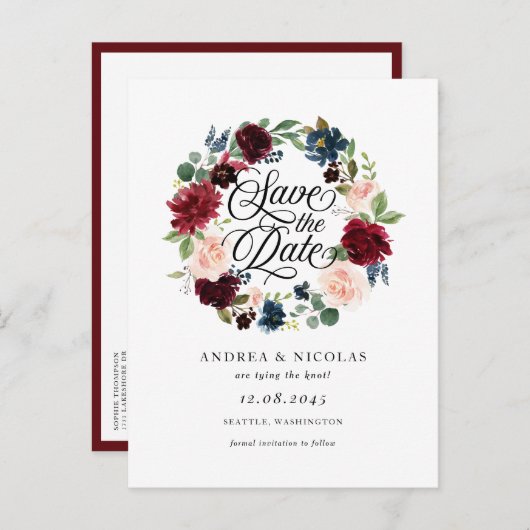 ブルゴーニュとブルーのフローラリース日付を保存 案内ポストカード (正面/裏面)