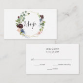 ブルゴーニュとブルーのフローラ幾何学的ウェディングRSVP エンクロージャーカード (正面/裏面)