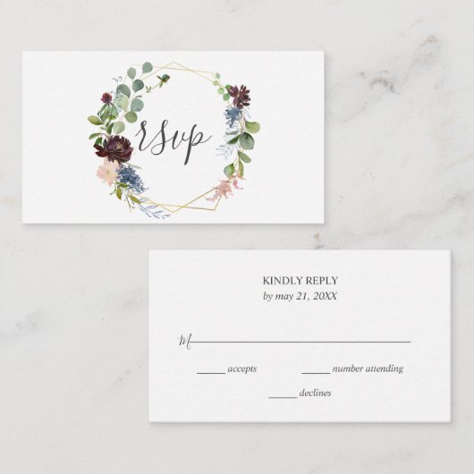 ブルゴーニュとブルーのフローラ幾何学的ウェディングRSVP エンクロージャーカード (正面/裏面)