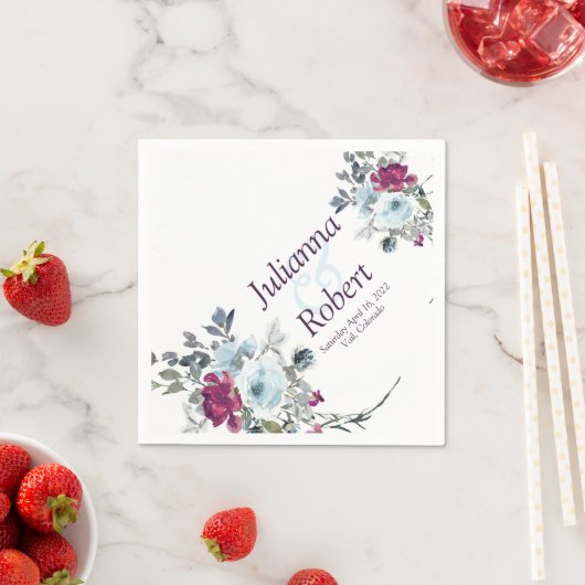 ブルゴーニュとブルーの水色のフローラナプキン スタンダードカクテルナプキン (インサイチュ)