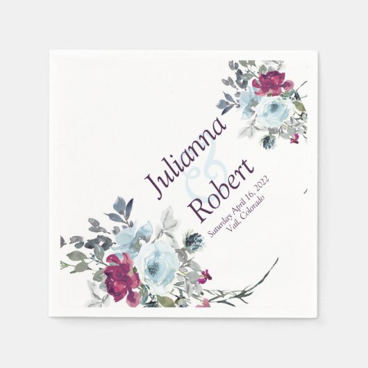 ブルゴーニュとブルーの水色のフローラナプキン スタンダードカクテルナプキン (正面)