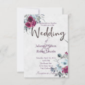 ブルゴーニュとブルーの水色のフローラ結婚のinvita 招待状 (正面)