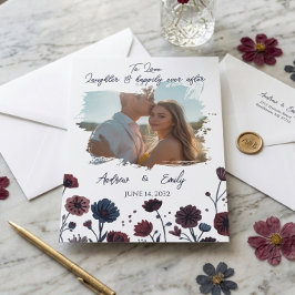 ブルゴーニュとブルーの花柄の気品ある結婚式招待状 招待状