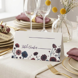ブルゴーニュとブルーの花柄の結婚式プレイスカード プレイスカード