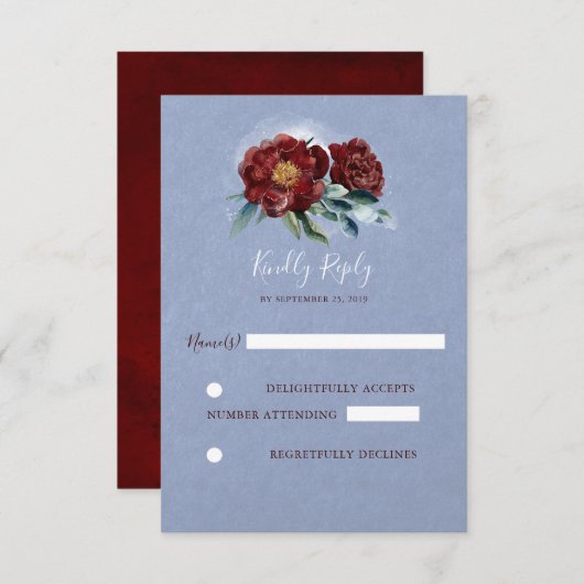 ブルゴーニュとブルーウォーターの花の結婚式RSVP 出欠カード (正面/裏面)