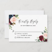 ブルゴーニュとブルーフローラガーランドウェディングRSVPカード 出欠カード (正面)