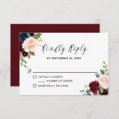 ブルゴーニュとブルーフローラガーランドウェディングRSVPカード 出欠カード (正面/裏面)