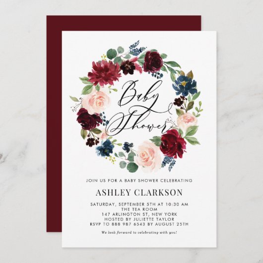 ブルゴーニュとブルーフローラリースベビーシャワー 招待状 (正面/裏面)