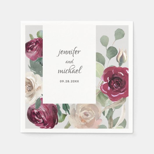 ブルゴーニュとベージュ素朴フローラ結婚ズ スタンダードカクテルナプキン (正面)