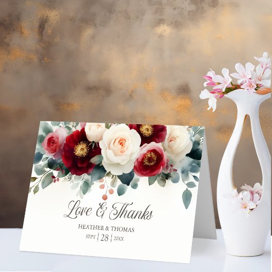 ブルゴーニュとホワイトの花柄の愛と感謝の結婚式 サンキューカード