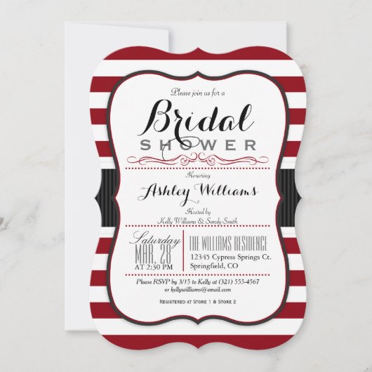 ブルゴーニュとホワイトストライプのブライダルシャワー 招待状 (正面)