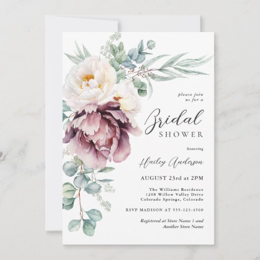 ブルゴーニュとホワイト牡丹フローラブライダルシャワー 招待状 (正面)