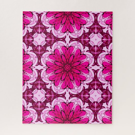 ブルゴーニュとマゼンタの幾何学的なフラワーパターン ジグソーパズル (縦)