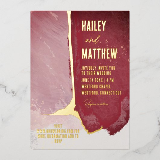 ブルゴーニュと埃っぽいピンクの水結婚色の 箔招待状 (正面)