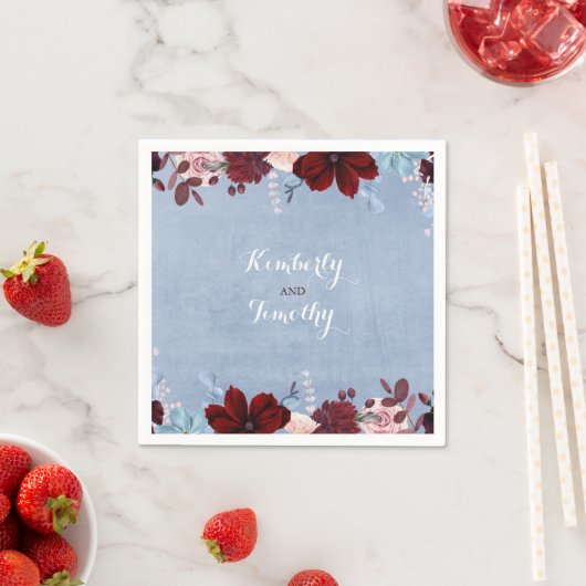 ブルゴーニュと埃っぽいブルーのフローラ水色 スタンダードカクテルナプキン (インサイチュ)