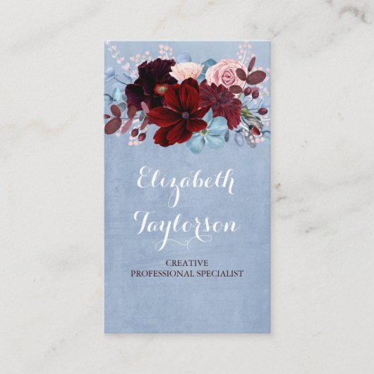 ブルゴーニュと埃っぽいブルーのフローラ水色 名刺 (正面)