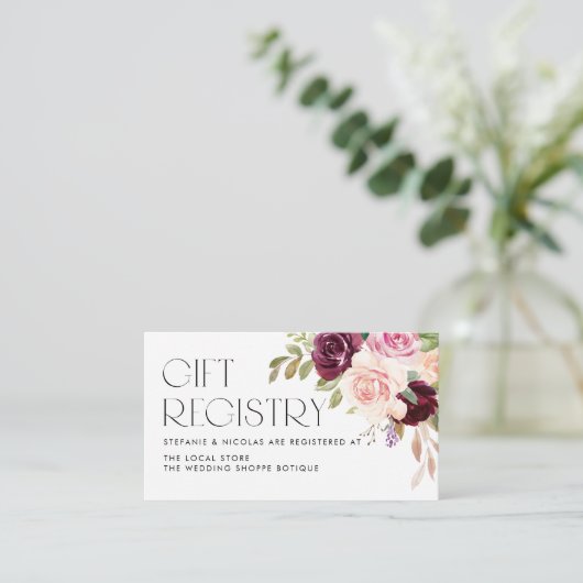 ブルゴーニュと桃の花結婚のギフト登録 エンクロージャーカード (スタンド正面)