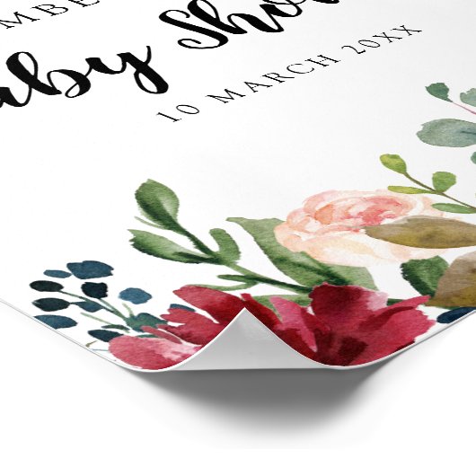 ブルゴーニュと海軍のフローラの赤ちゃんシャワー歓迎サイン ポスター (角)