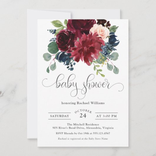 ブルゴーニュと海軍の水色のフローラ赤ちゃんシャワー 招待状 (正面)