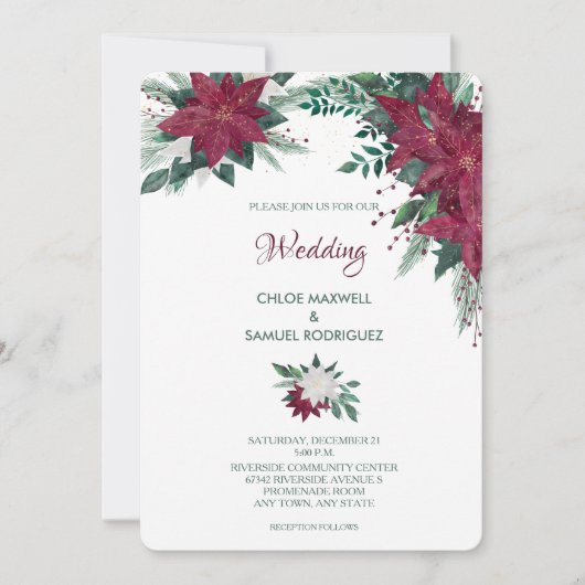 ブルゴーニュと白のクリスマスポインセチア結婚ズ 招待状 (正面)