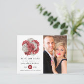 ブルゴーニュと白のフローラ結婚式の日付を保存 ポストカード (スタンド正面)