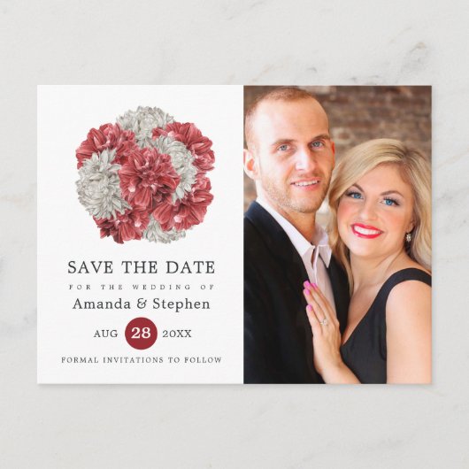 ブルゴーニュと白のフローラ結婚式の日付を保存 ポストカード (正面)