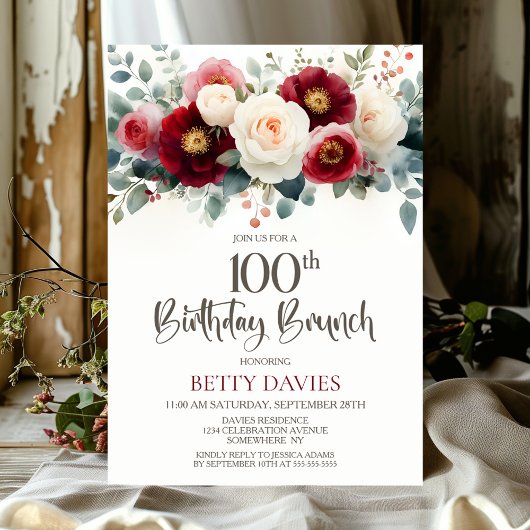 ブルゴーニュと白の花柄の100歳の誕生日ブランチ 招待状