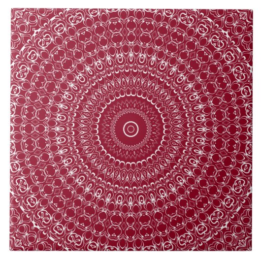 ブルゴーニュと白の複雑なマンダラパターン タイル (正面)