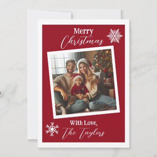 ブルゴーニュと白の雪片フォトクリスマス シーズンカード (正面)