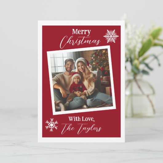ブルゴーニュと白の雪片フォトクリスマス シーズンカード (スタンド正面)