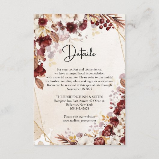 ブルゴーニュと秋の花と離れ金ゴールドのフレーム エンクロージャーカード (正面)