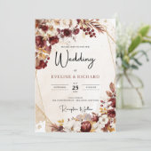 ブルゴーニュと秋の花と離れ金ゴールドのフレーム 招待状 (スタンド正面)