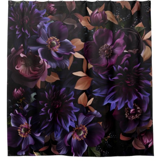 ブルゴーニュと紫のゴシック様式のミッドナイトガーデン シャワーカーテン (正面)