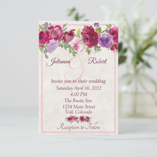 ブルゴーニュと紫のフローラ予算結婚の投資額 招待状 (スタンド正面)