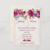 ブルゴーニュと紫のフローラ予算結婚の投資額 招待状 (正面/裏面)