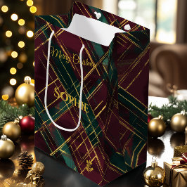 ブルゴーニュと緑とゴールドの抽象的なチェック柄のクリスマス ミディアムペーパーバッグ