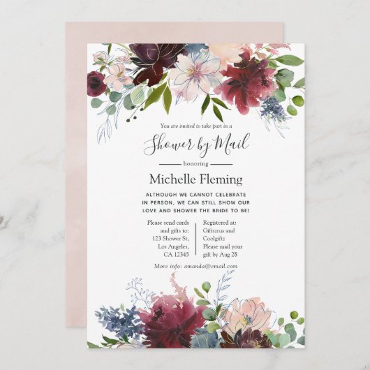 ブルゴーニュと赤面のベビー又はブライダルシャワー(郵便) 招待状 (正面/裏面)