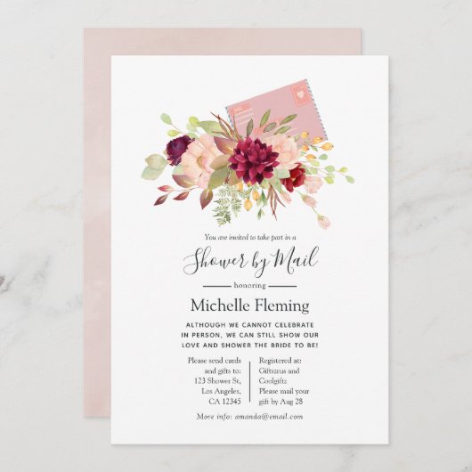 ブルゴーニュと赤面のベビー又はブライダルシャワー(郵便) 招待状 (正面/裏面)